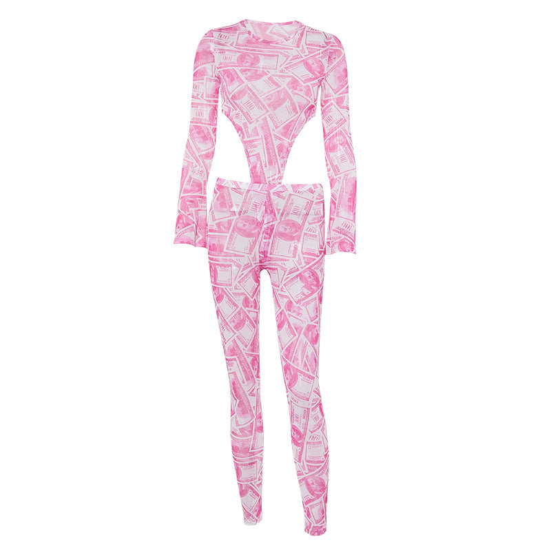Mesh printed long sleeve jumpsuit - ChicaLux