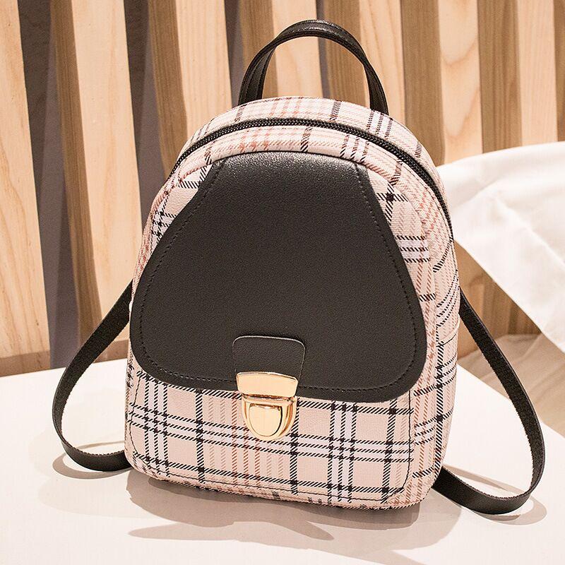 Ladies Check Lock Small Backpack One Shoulder Diagonal Handbag Coin Purse - ChicaLux