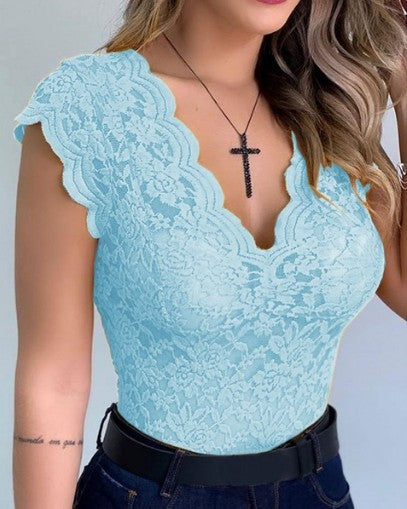 New Women Sexy V Neck Lace Vest Top Sleeveless Solid Wire Free Tops - ChicaLux