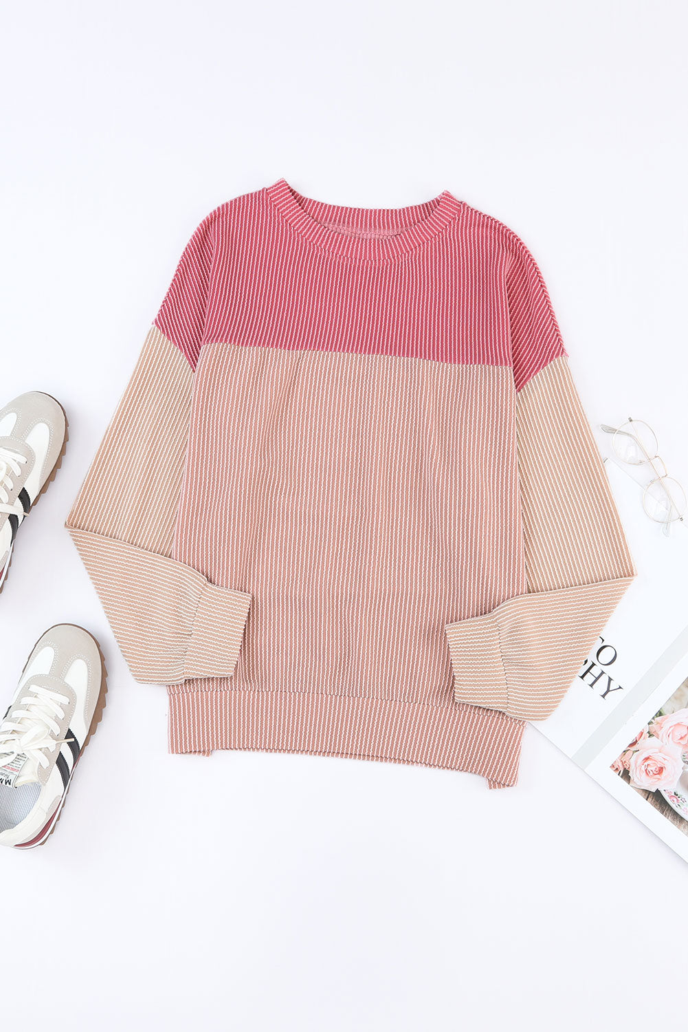 Pink Color Block Cording Loose Long Sleeve Top - ChicaLux