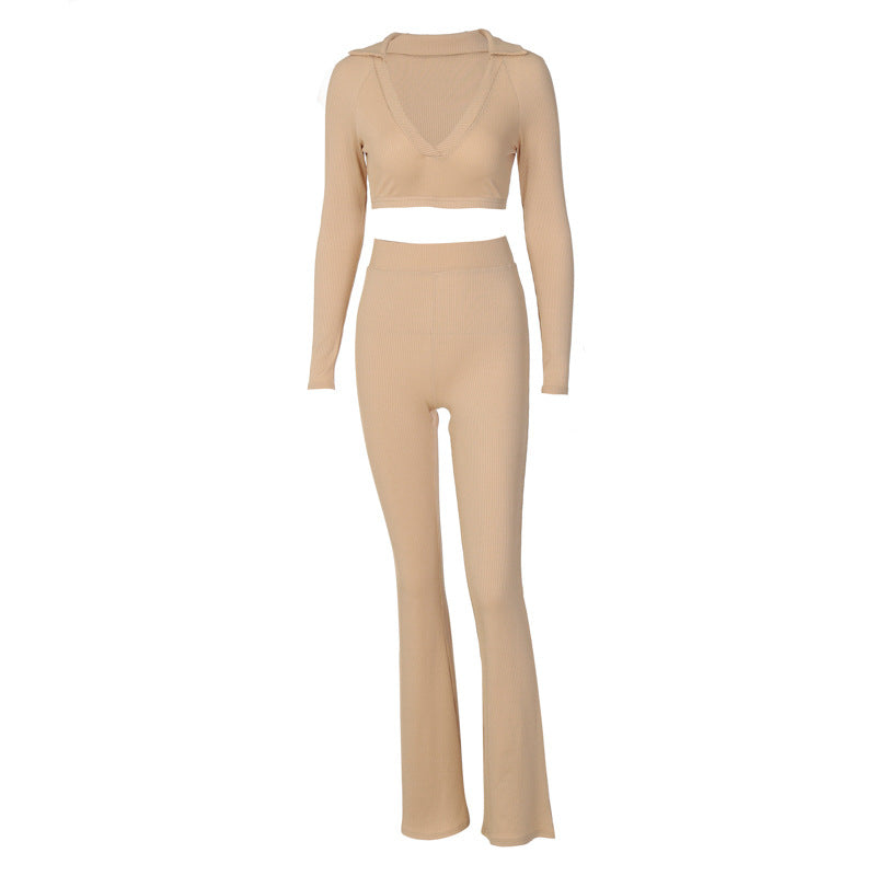 Solid Color V-Neck Long-Sleeve Top Micro-Flare Pants Two-Piece Set - ChicaLux