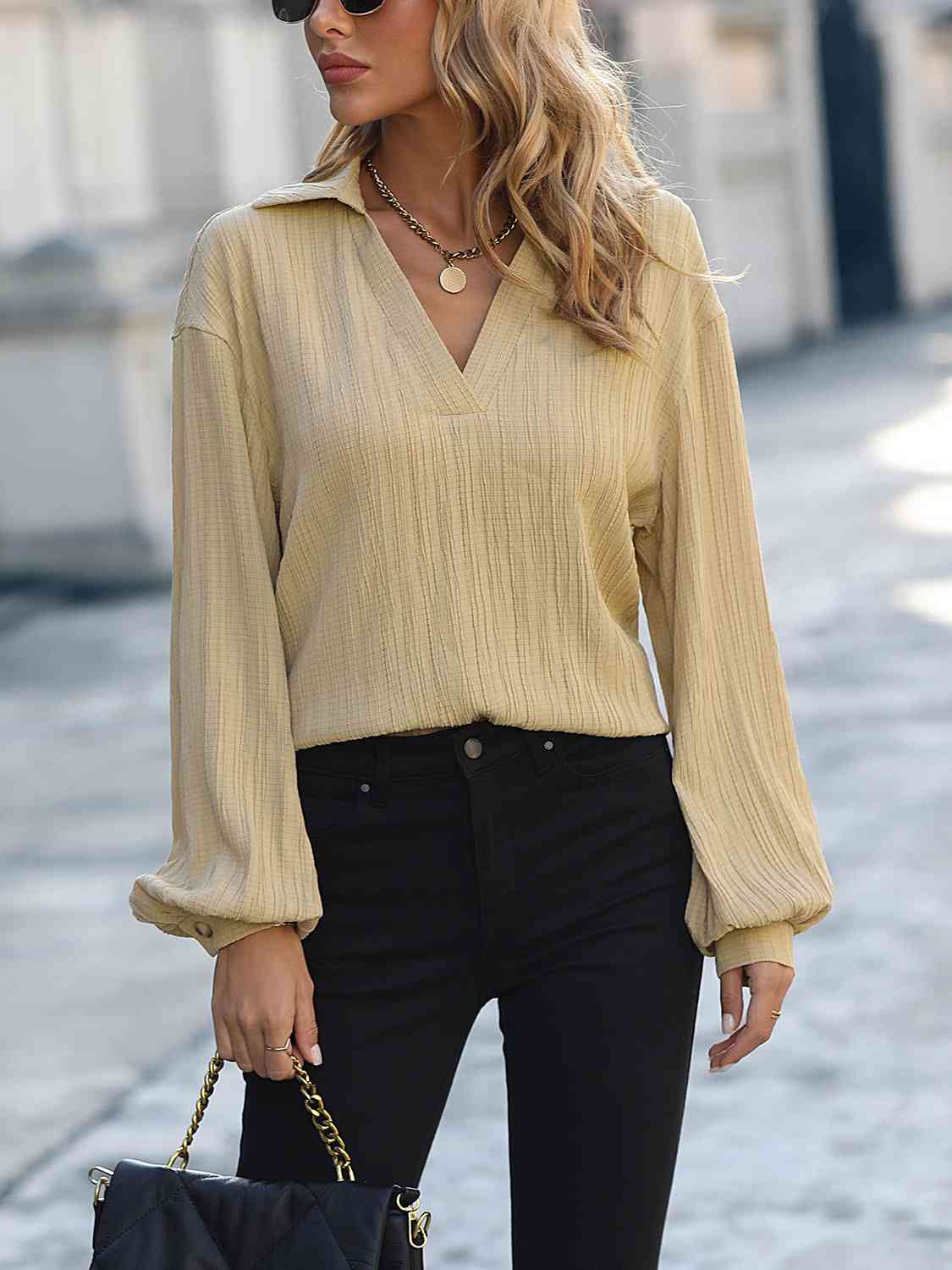 Johnny Collar Long Sleeve Blouse - ChicaLux