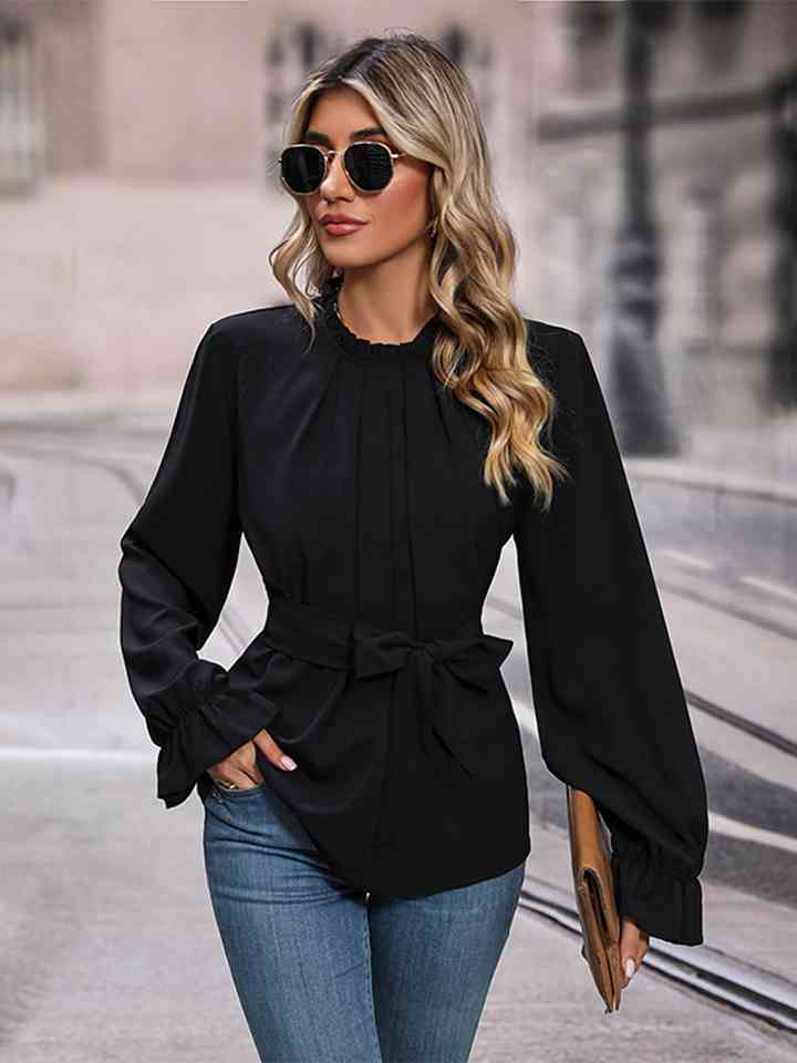 Round Neck Tie Waist Long Sleeve Blouse - ChicaLux
