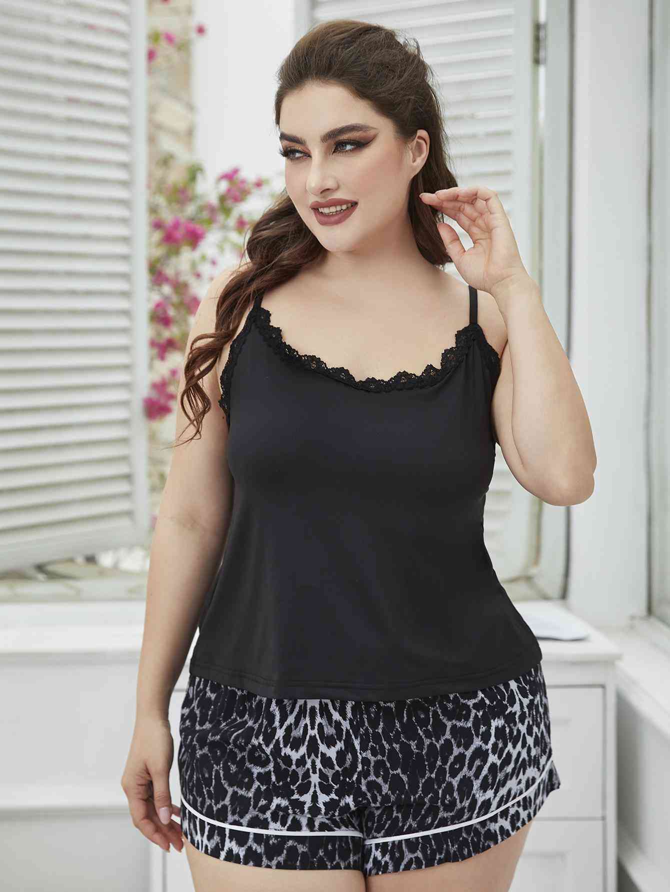 Plus Size Lace Trim Scoop Neck Cami and Printed Shorts Pajama Set - ChicaLux