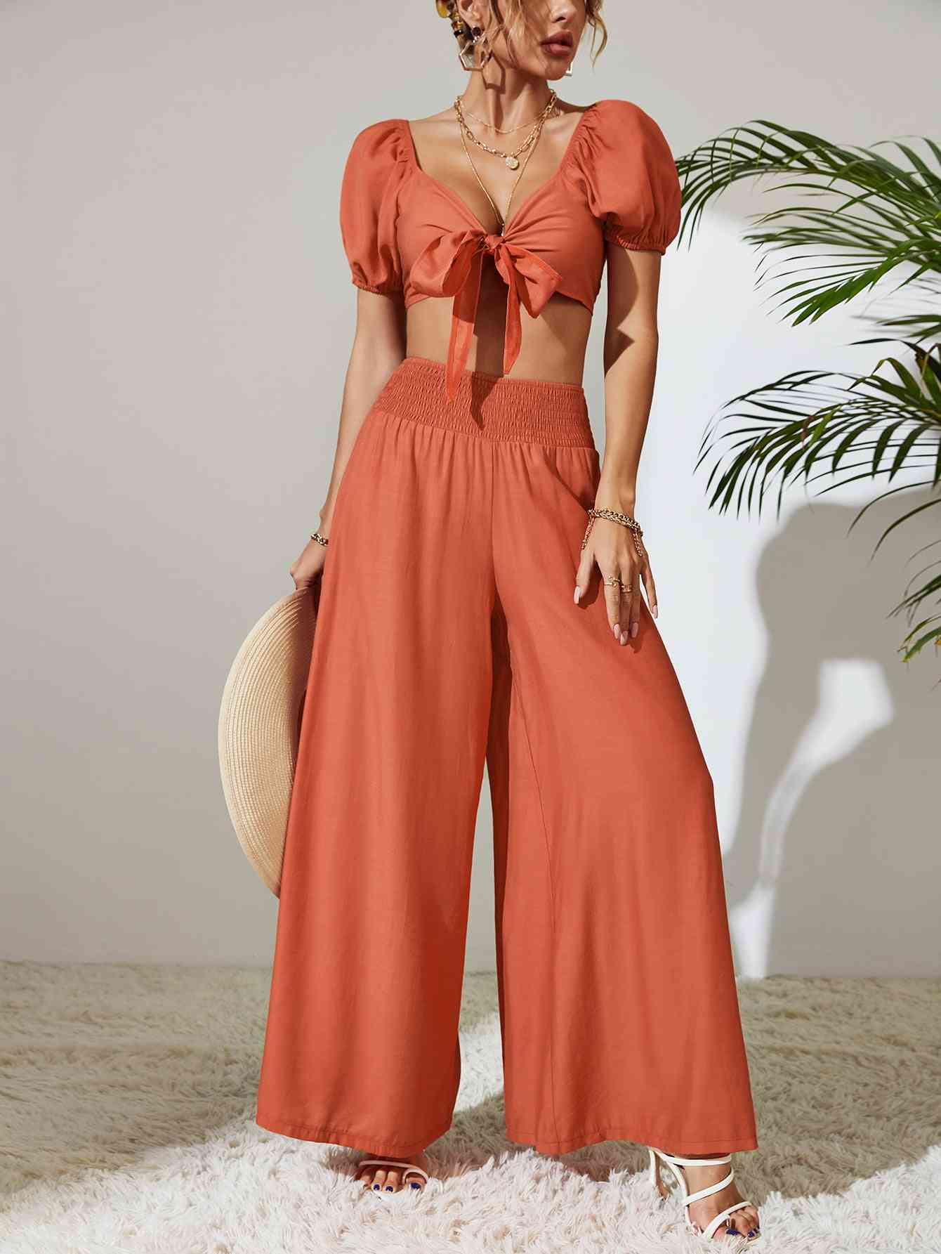 Tie Front Cropped Top and Smocked Wide Leg Pants Set - ChicaLux