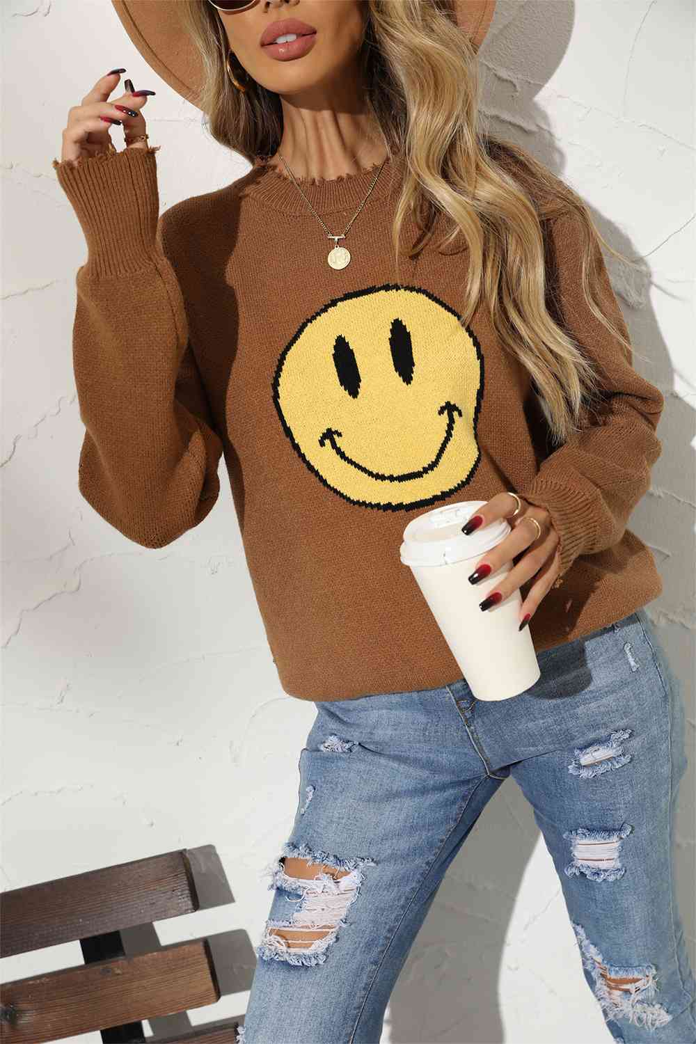 Round Neck Long Sleeve Smily Face Graphic Sweater - ChicaLux
