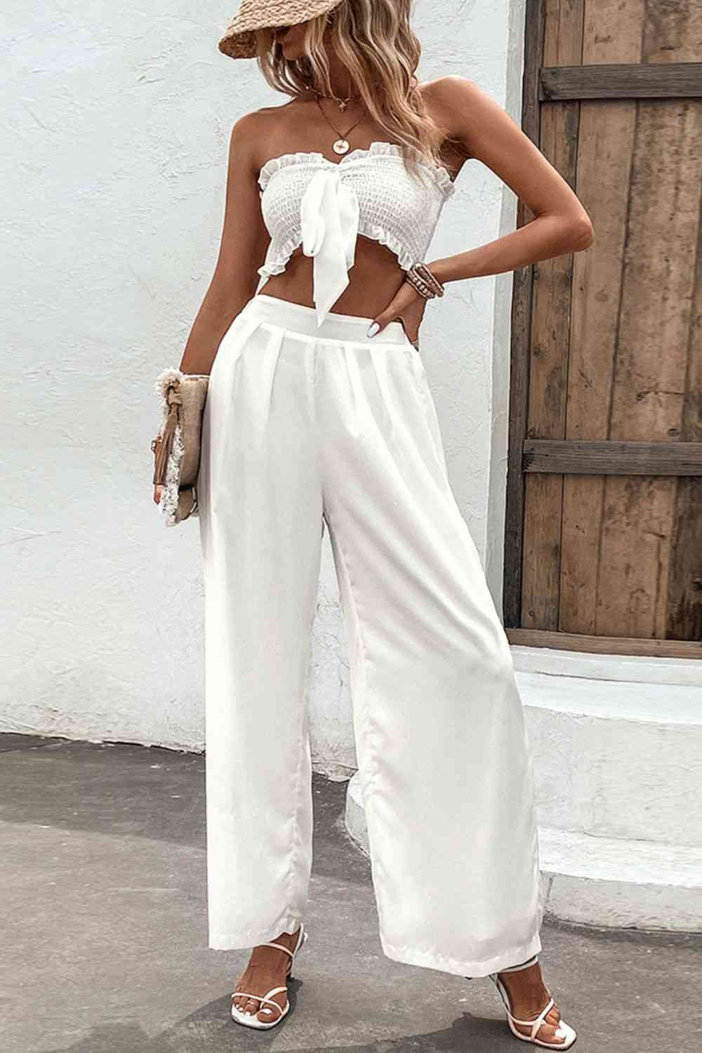 Smocked Tube Top and Wide Leg Pants Set - ChicaLux