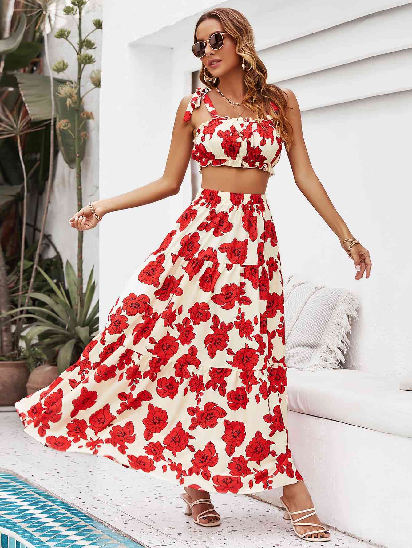 Floral Tie Shoulder Top and Tiered Maxi Skirt Set - ChicaLux