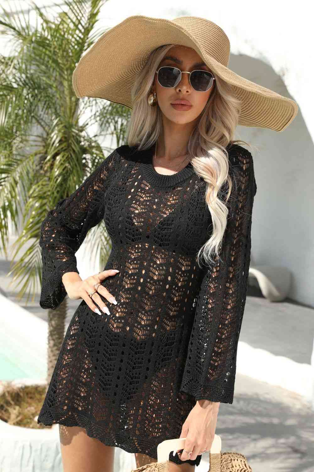Openwork Scalloped Trim Long Sleeve Cover-Up Dress - ChicaLux