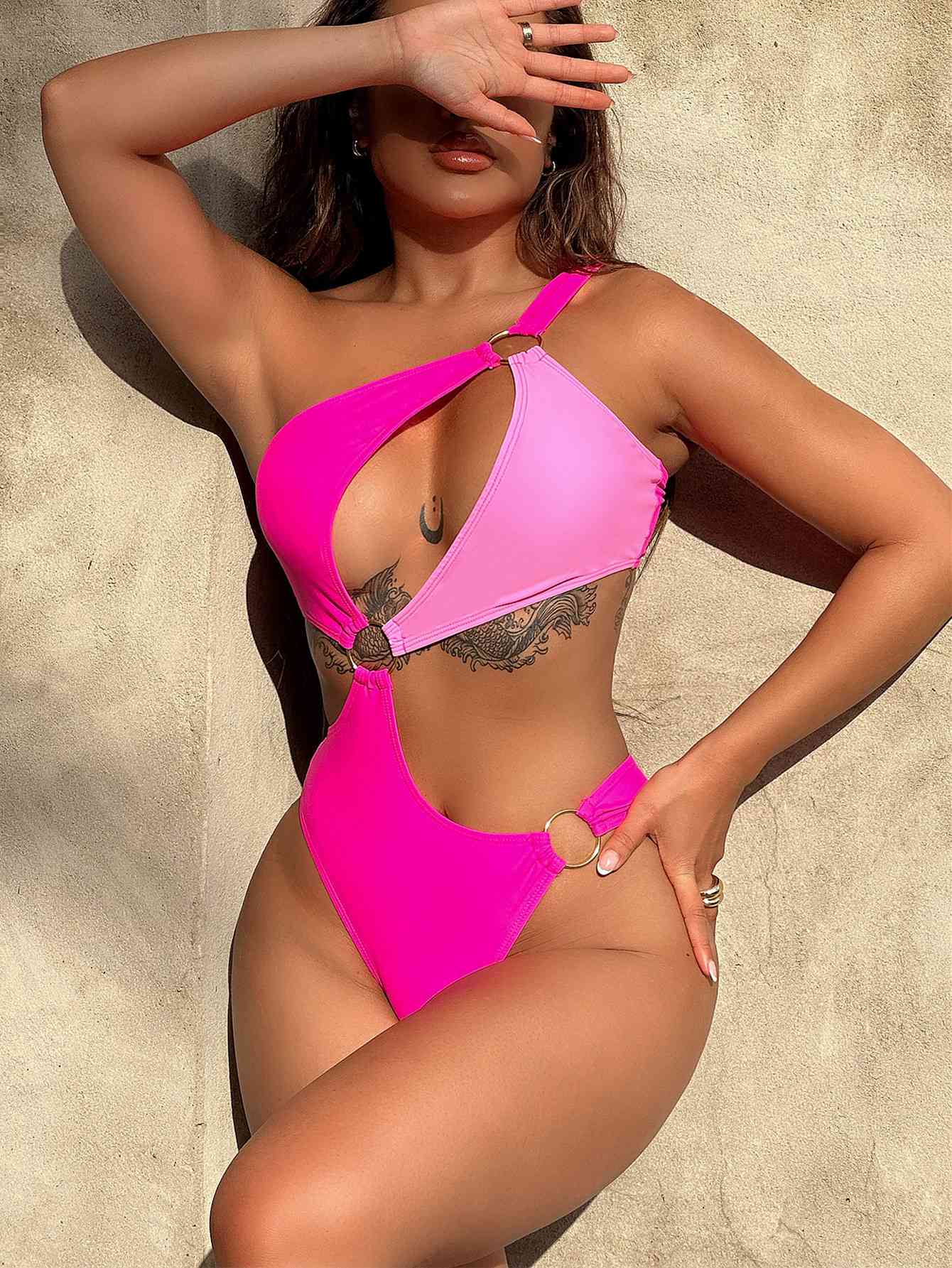 One-Shoulder Cutout Ring Detail One-Piece Swimsuit - ChicaLux