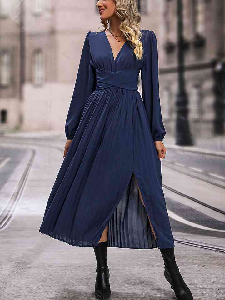 V-Neck Long Sleeve Pleated Slit Dress - ChicaLux