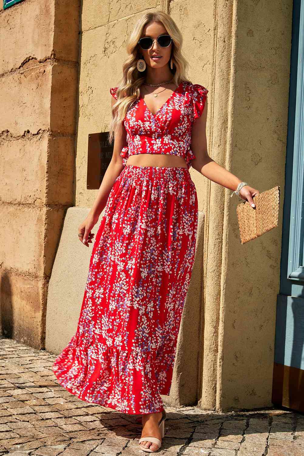 Printed Tie Back Cropped Top and Maxi Skirt Set - ChicaLux
