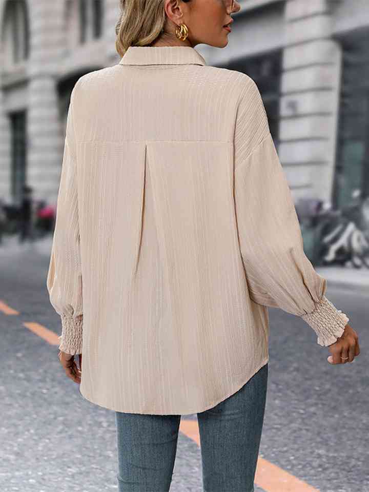 Collared Neck Long Sleeve Button-Up Blouse - ChicaLux
