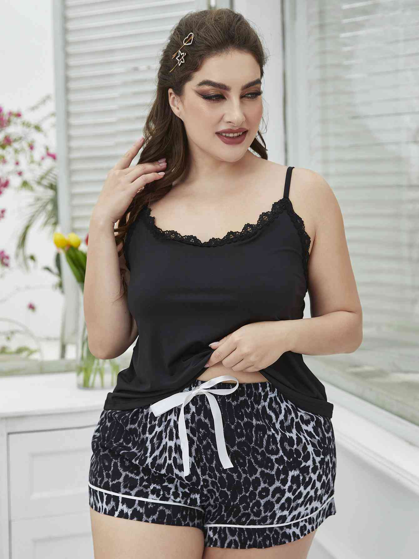 Plus Size Lace Trim Scoop Neck Cami and Printed Shorts Pajama Set - ChicaLux