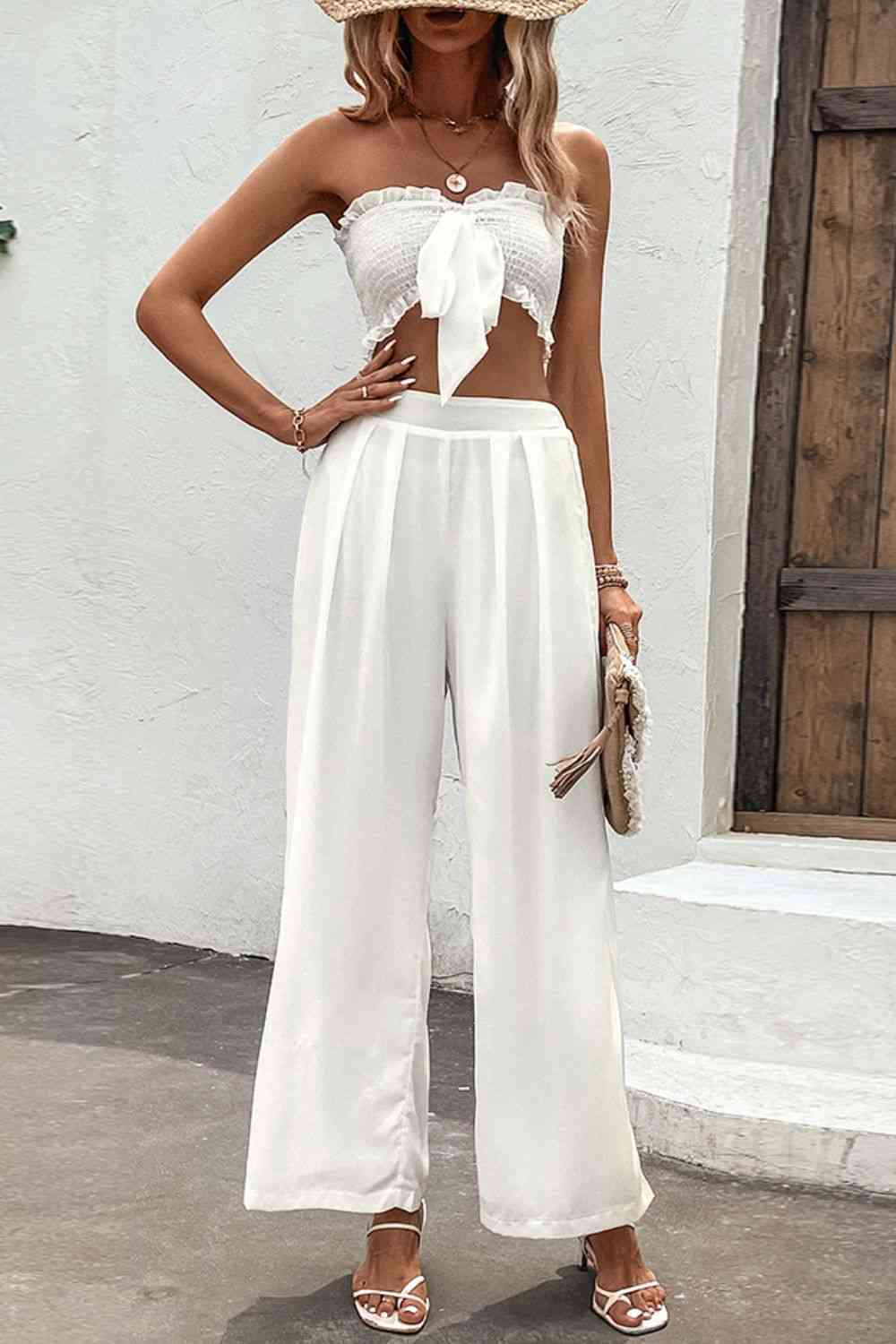 Smocked Tube Top and Wide Leg Pants Set - ChicaLux