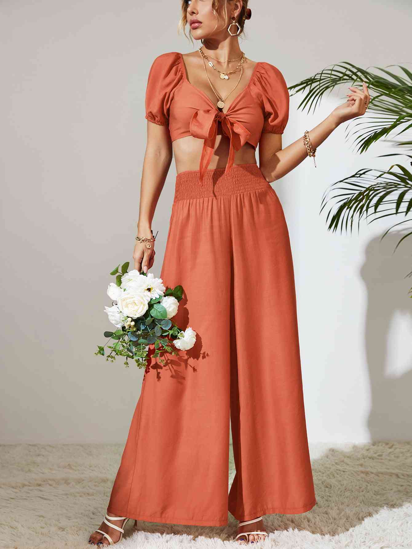 Tie Front Cropped Top and Smocked Wide Leg Pants Set - ChicaLux