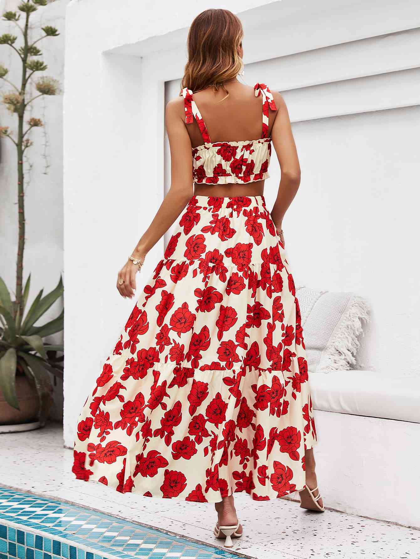 Floral Tie Shoulder Top and Tiered Maxi Skirt Set - ChicaLux