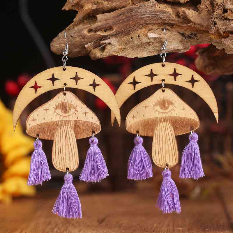 Moon & Mushroom Tassel Detail Dangle Earrings - ChicaLux