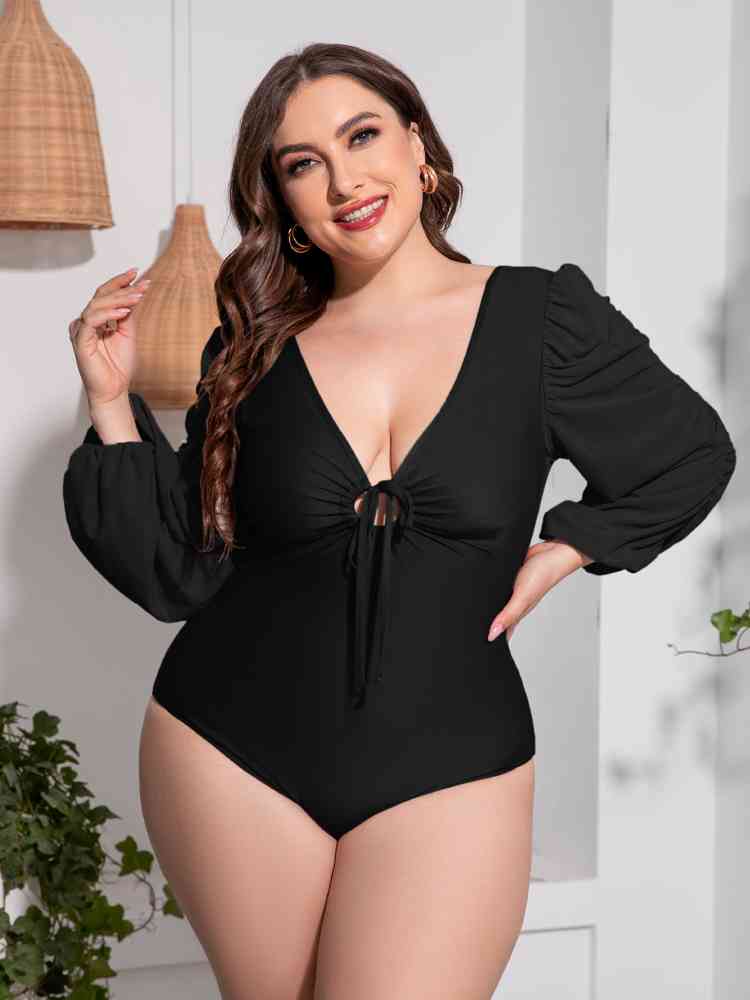 Plus Size Tied Deep V Balloon Sleeve One-Piece Swimsuit - ChicaLux