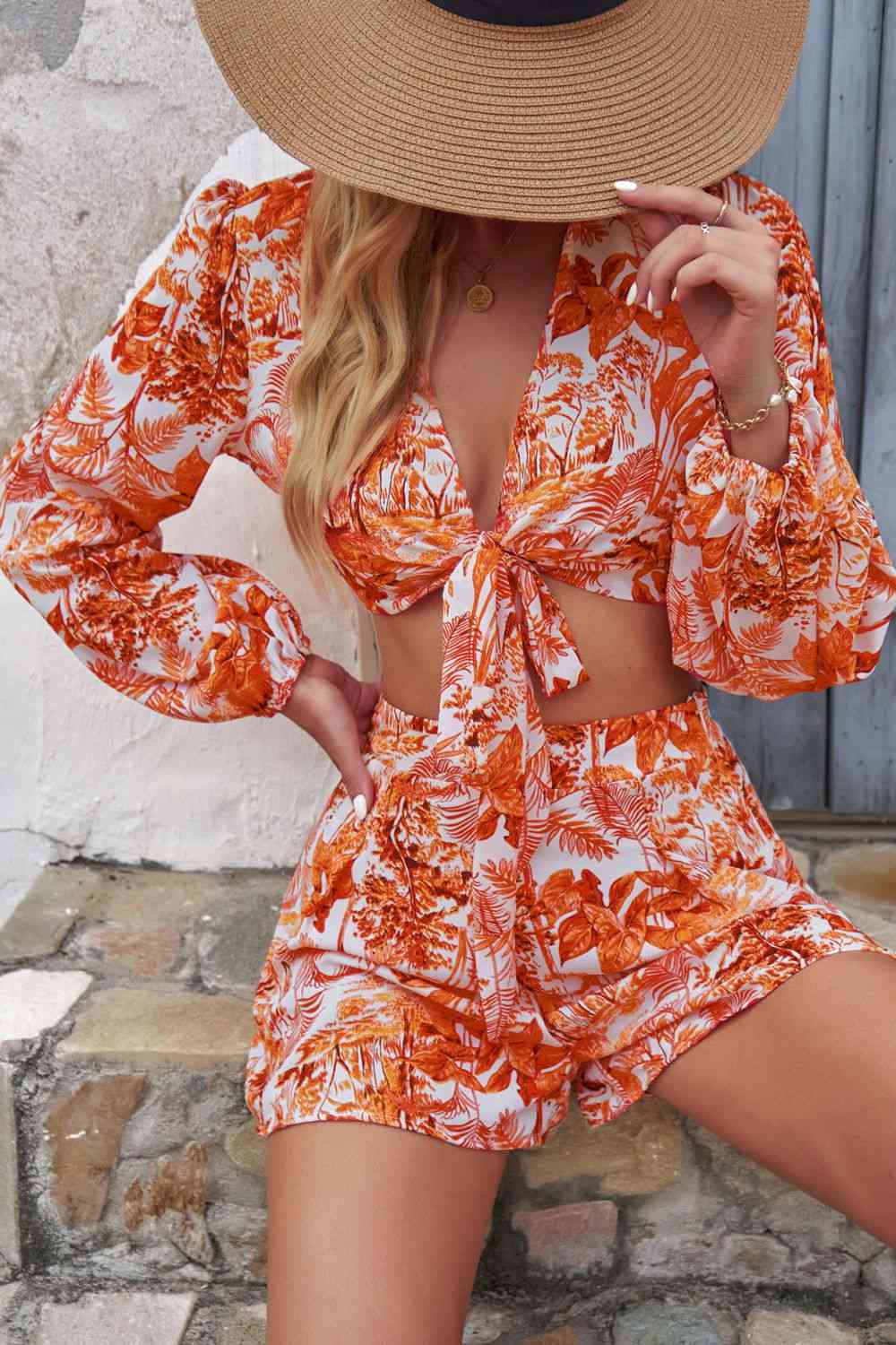 Printed Long Sleeve Cropped Top and Shorts Set - ChicaLux