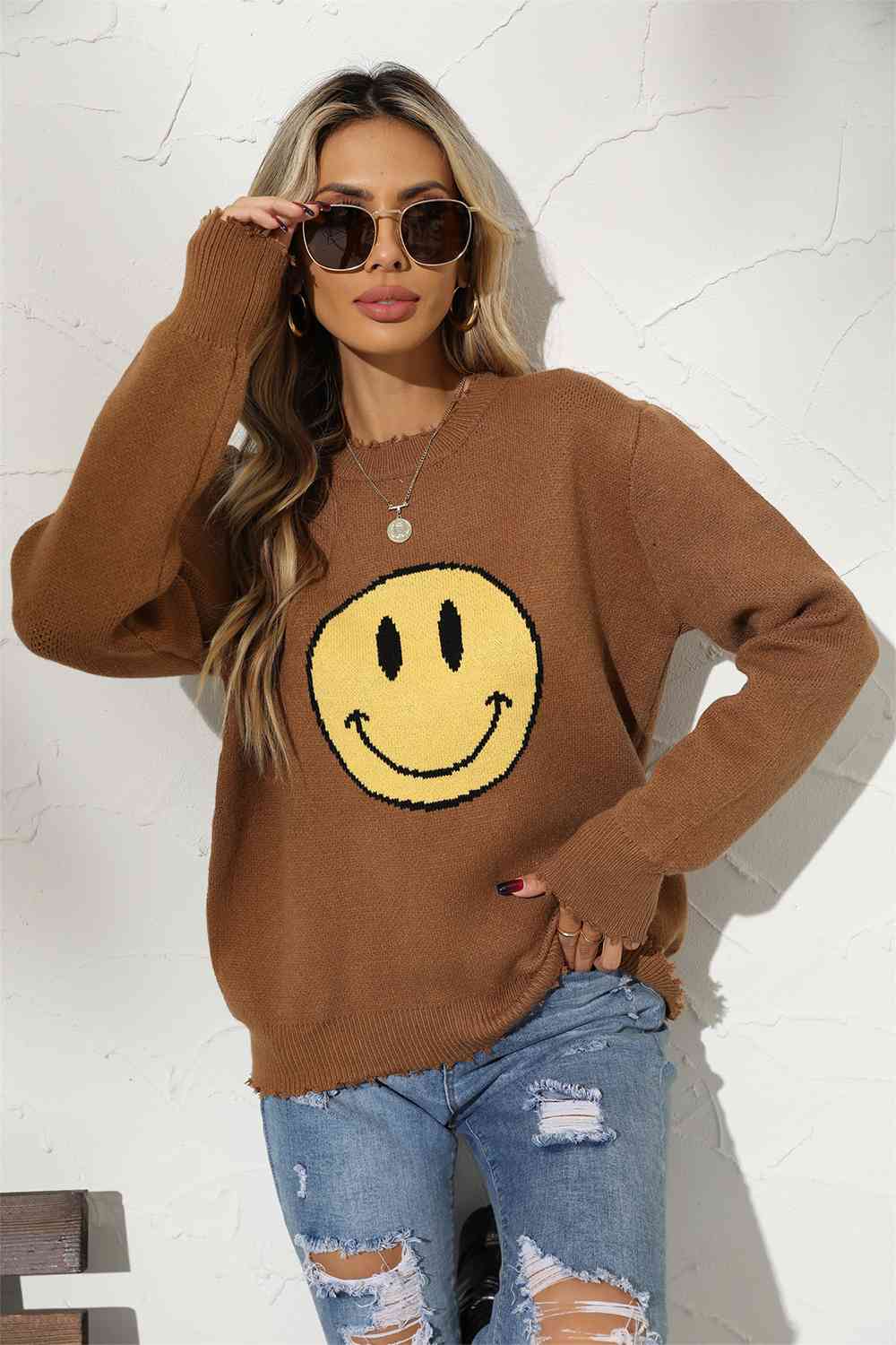 Round Neck Long Sleeve Smily Face Graphic Sweater - ChicaLux