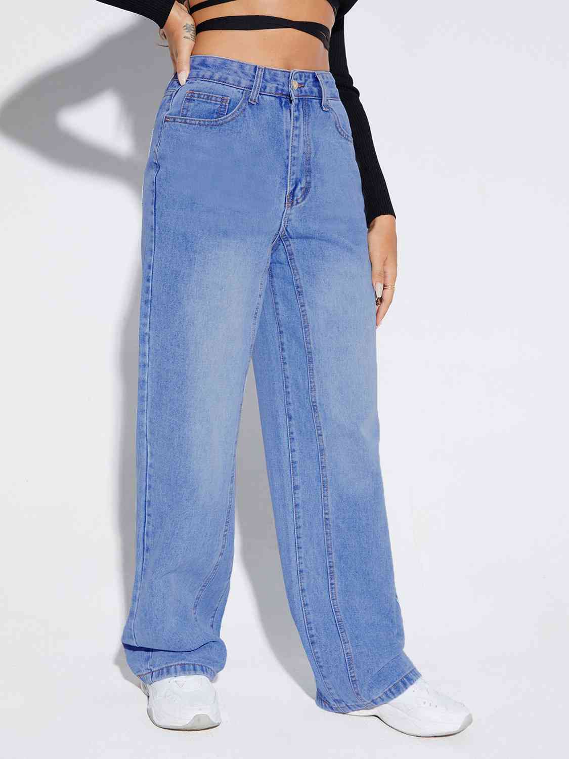 Buttoned Fly Long Jeans - ChicaLux