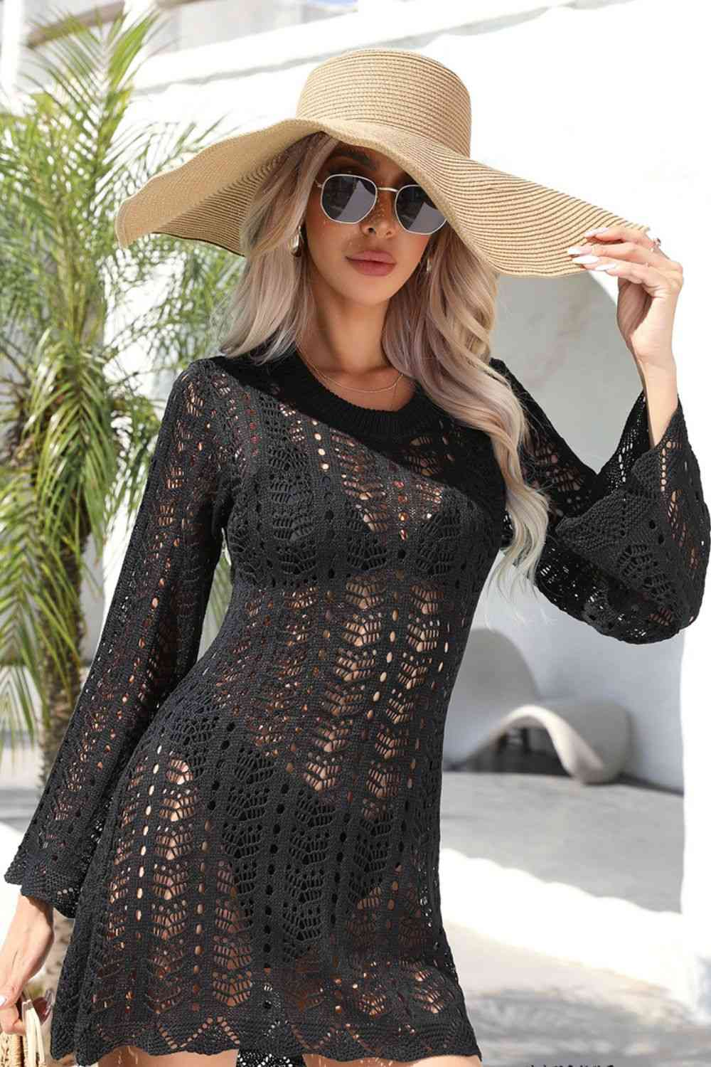 Openwork Scalloped Trim Long Sleeve Cover-Up Dress - ChicaLux