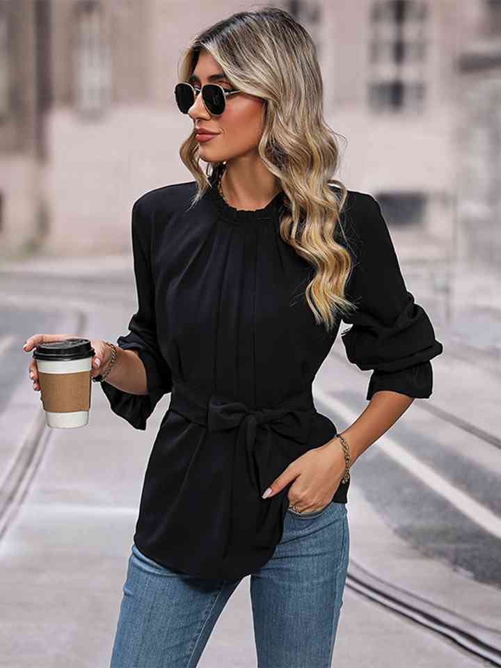 Round Neck Tie Waist Long Sleeve Blouse - ChicaLux