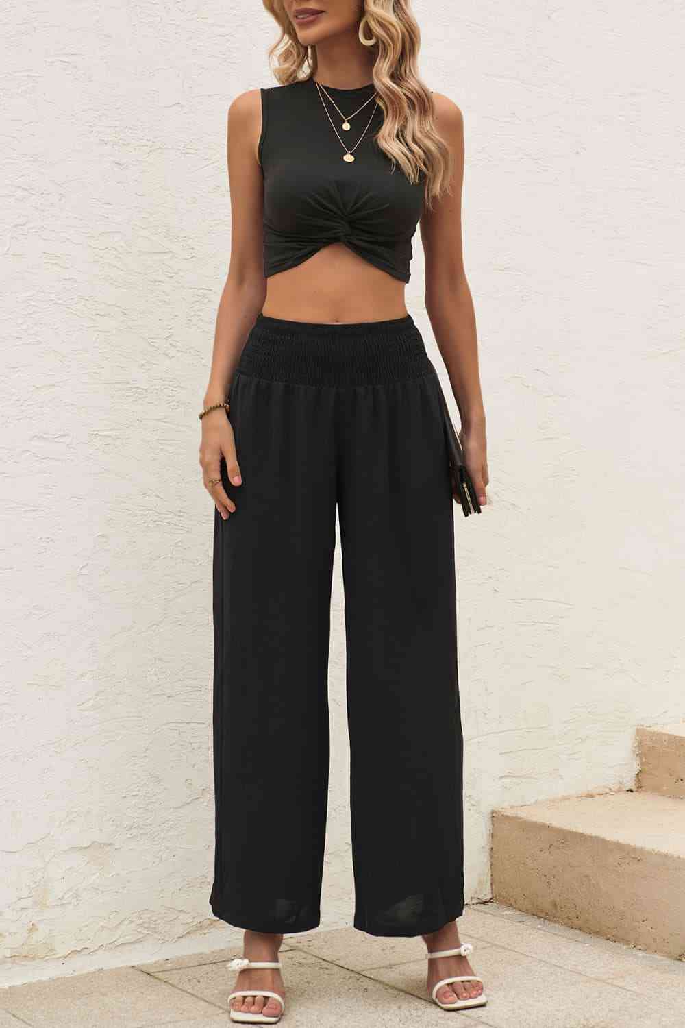 Twist Front Cropped Tank and Pants Set - ChicaLux
