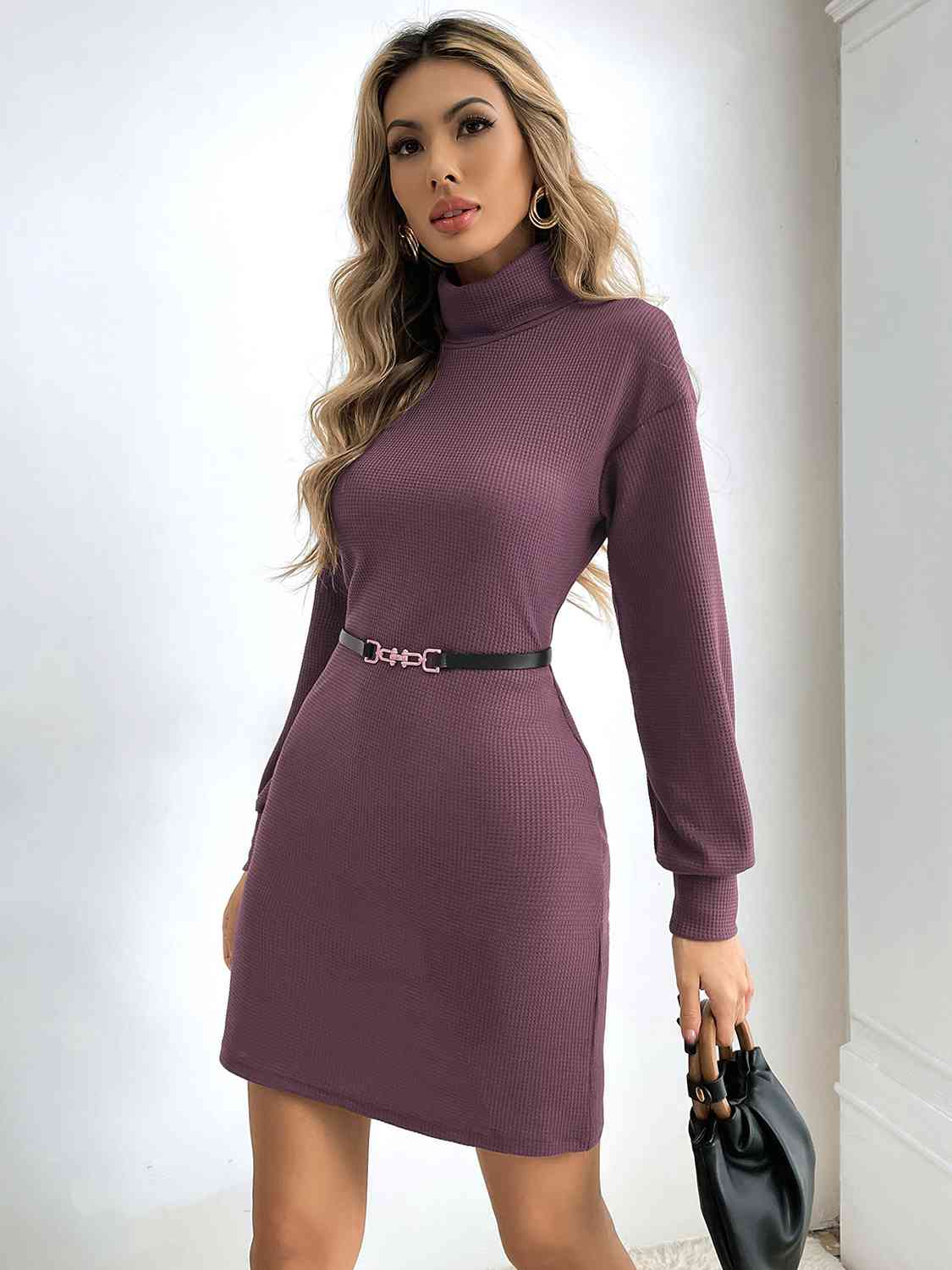 Ribbed Turtle Neck Long Sleeve Dress - ChicaLux