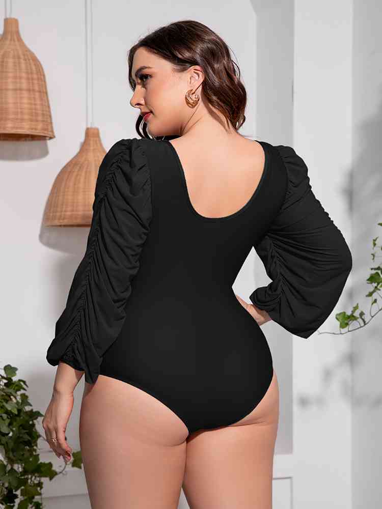 Plus Size Tied Deep V Balloon Sleeve One-Piece Swimsuit - ChicaLux